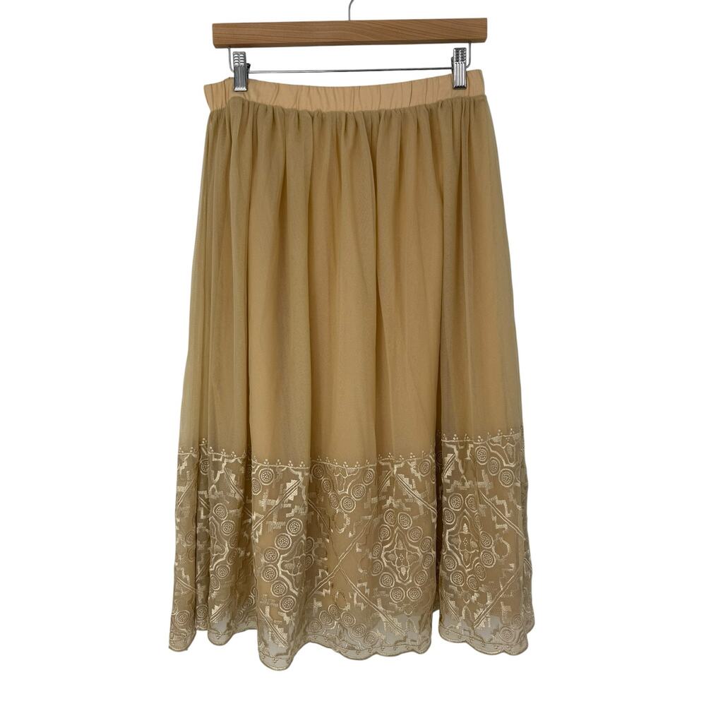 Garnet Hill Embroidered Tulle Midi Skirt Tan Beige Boho Elastic Waist Size M - Picture 2 of 8
